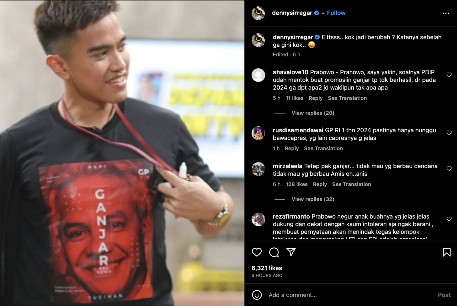 Ramai di Medsos, Kaesang Pangarep Pakai Kaos Bergambar Ganjar