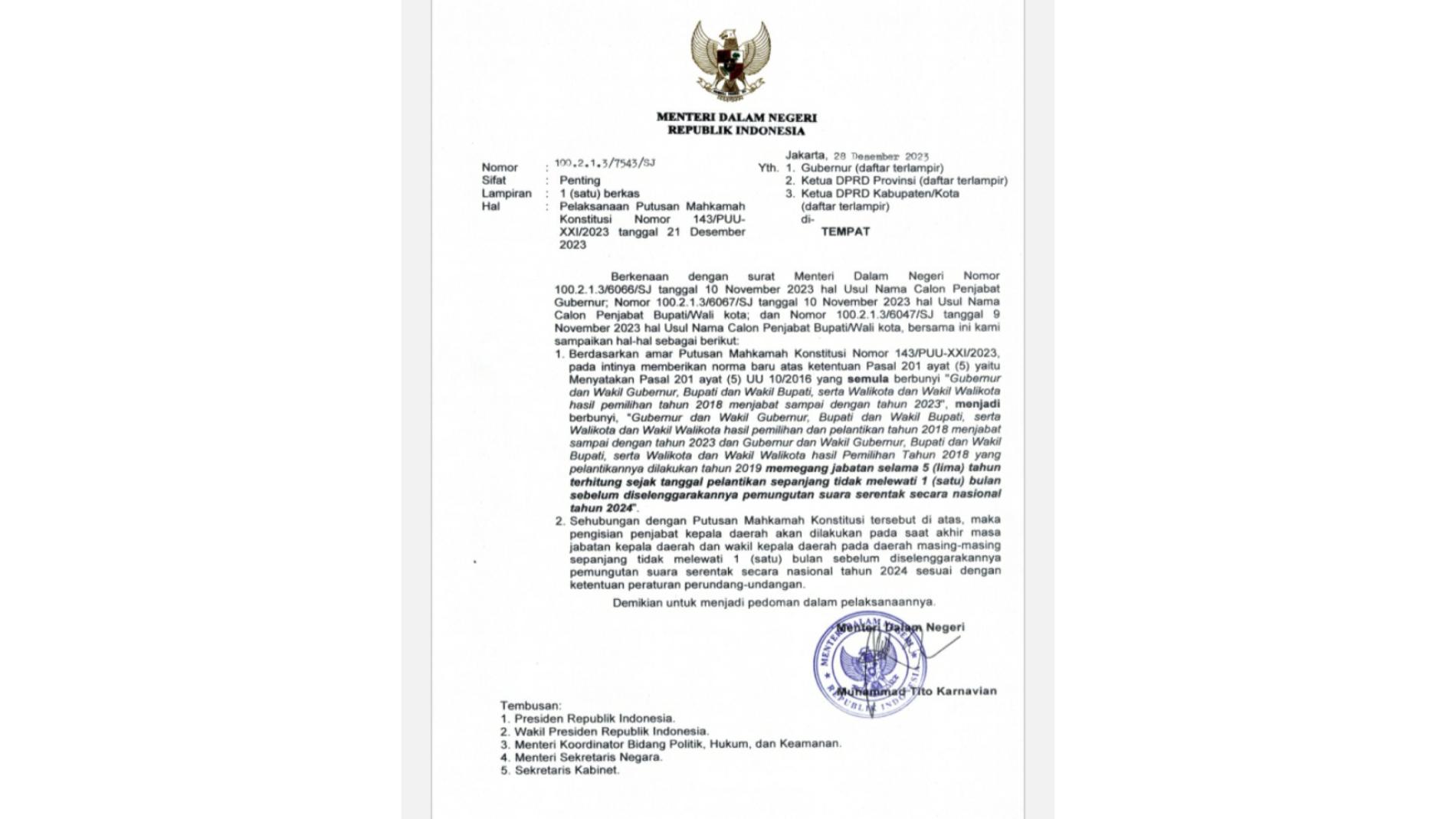 Jabatan Gubernur Arinal Lanjut Hingga 2024, Mendagri Ikut Putusan MK