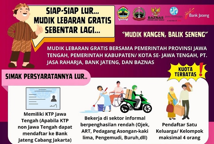 Ingat Lur! Mulai 6 Maret Pemprov Jateng Buka Pendaftaran Mudik Gratis, Ini Syaratnya