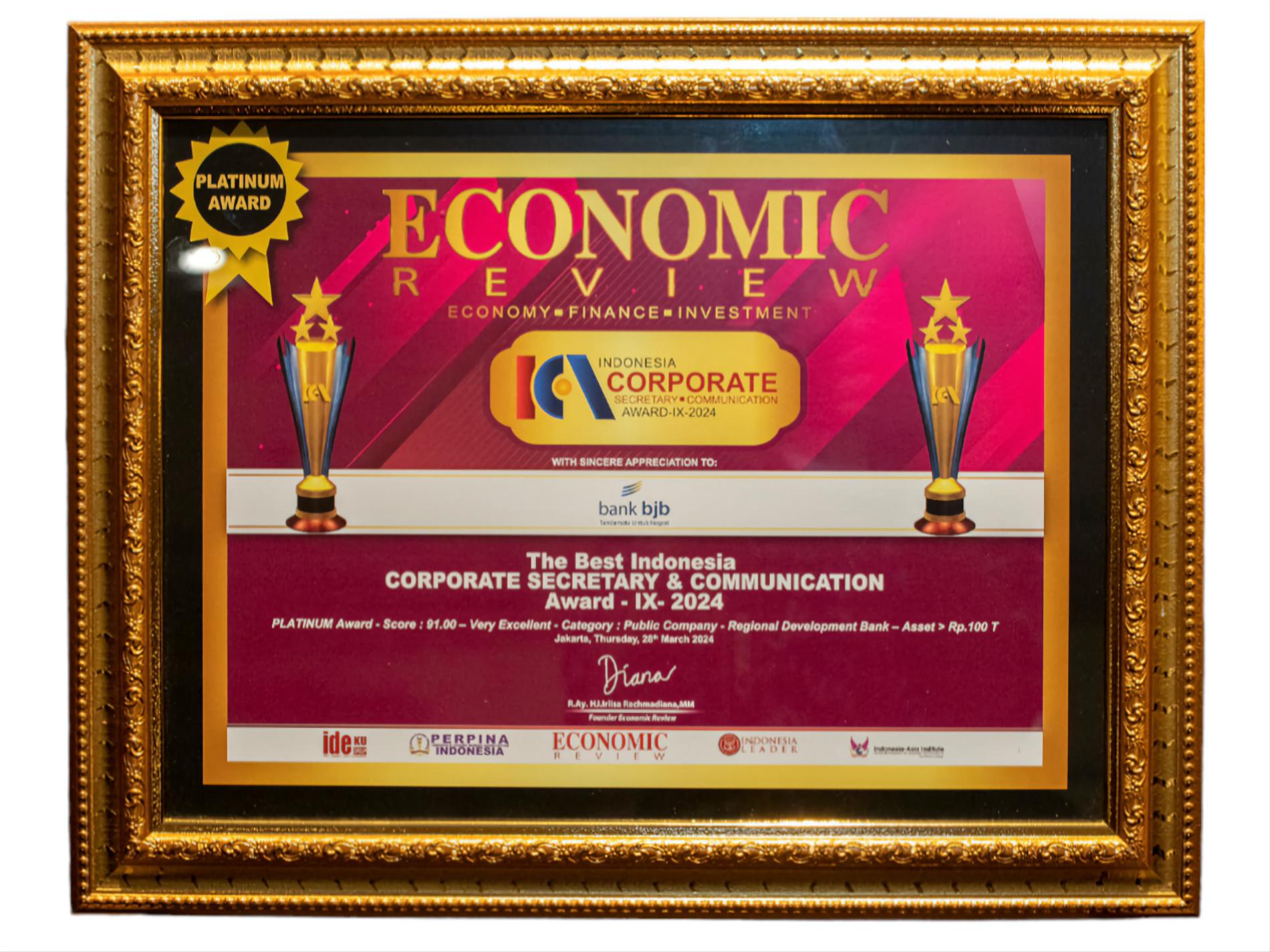 Semakin Dipercaya Publik, bank bjb Raih Penghargaan The Best Corporate Secretary and Communication di Ajang ICCA 2024