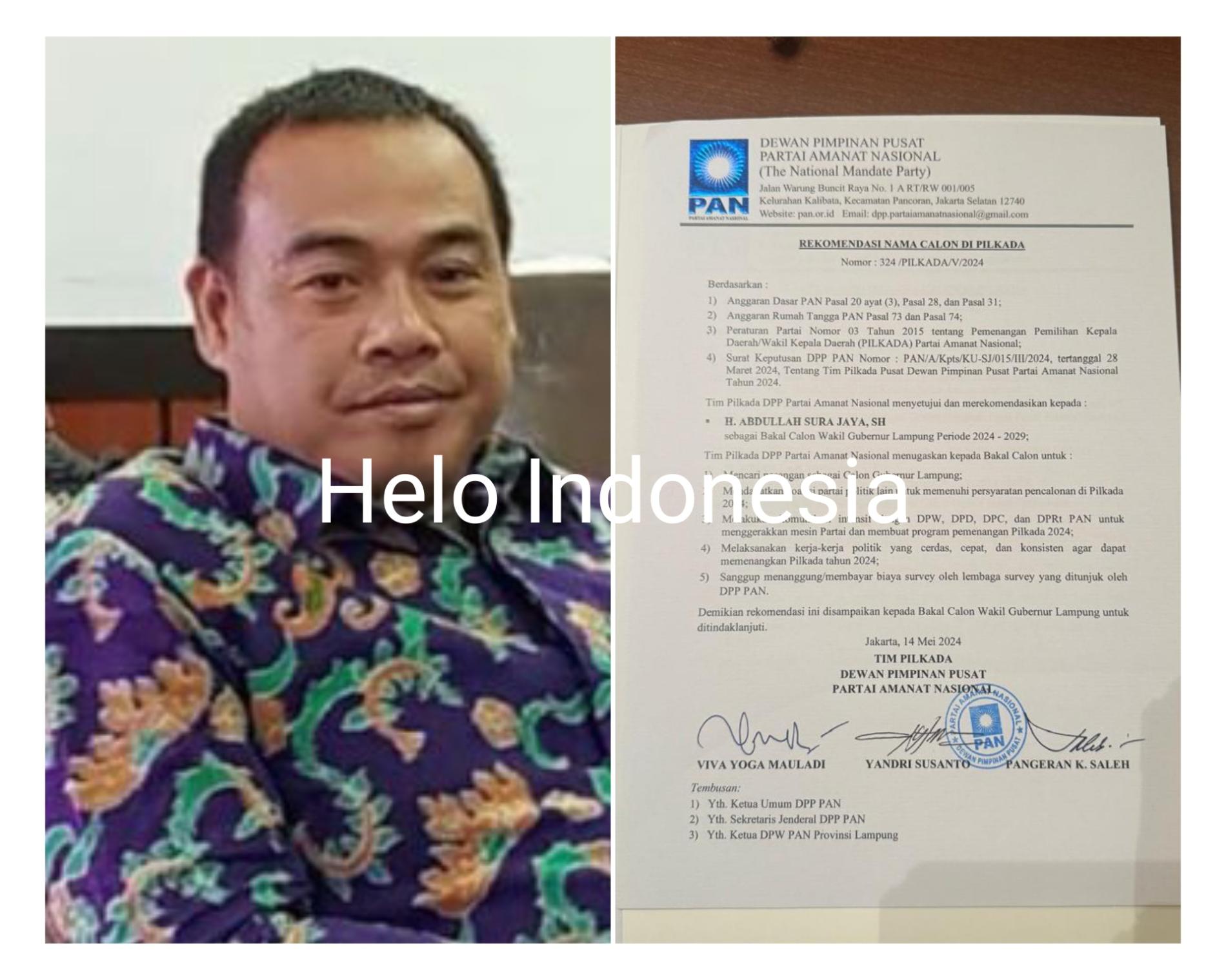 PAN Beri Surat Tugas Cawagub Lampung ke Abdullah Sura Jaya