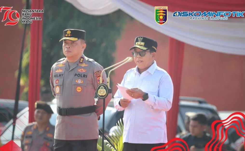 Penjabat Gubernur Lampung Pimpin Apel Gelar Pasukan Operasi Mantap Praja Krakatau 2024, Pengamanan Pilkada Serentak di Provinsi Lampung.