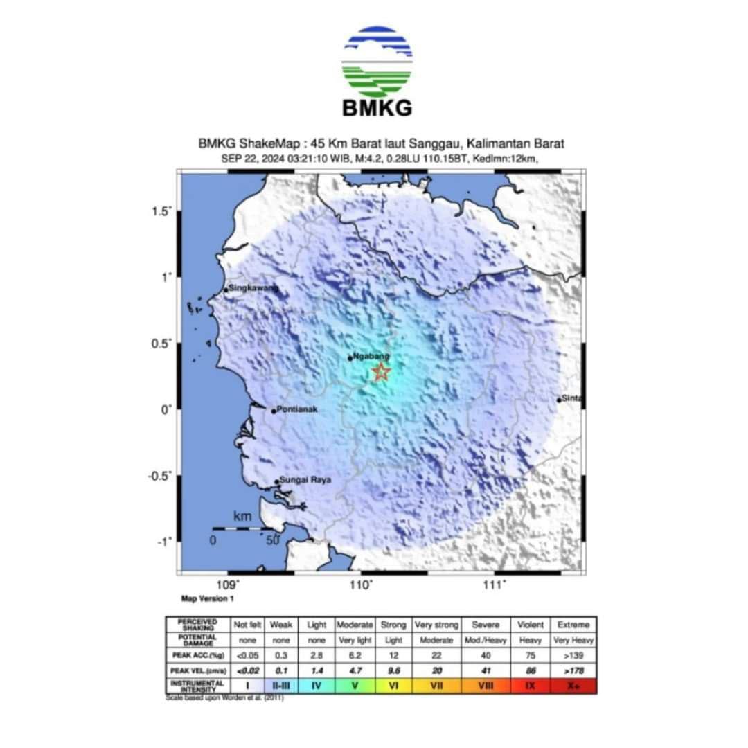Gempa Bumi Berkekuatan M 4.2 Guncang Kabupaten Sanggau