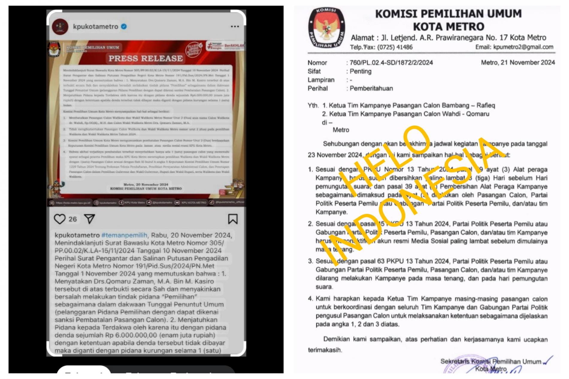 KPU RI: Pilkada Metro Tetap Diikuti 2 Paslon, Imam-Rafieq dan Waru
