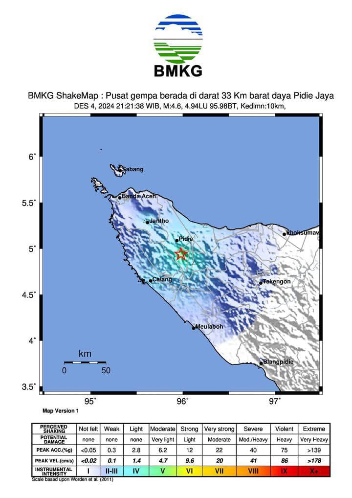 Gempa Bumi Tektonik M4.6 Guncang Kabupaten Pidie, Aceh