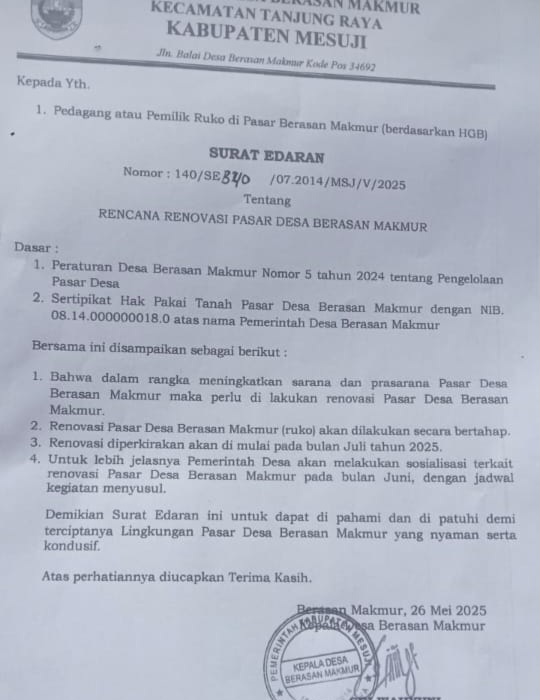Pedagang Resah, Kepala Desa Perintah Kosongkan Pasar Brabasan Makmur
