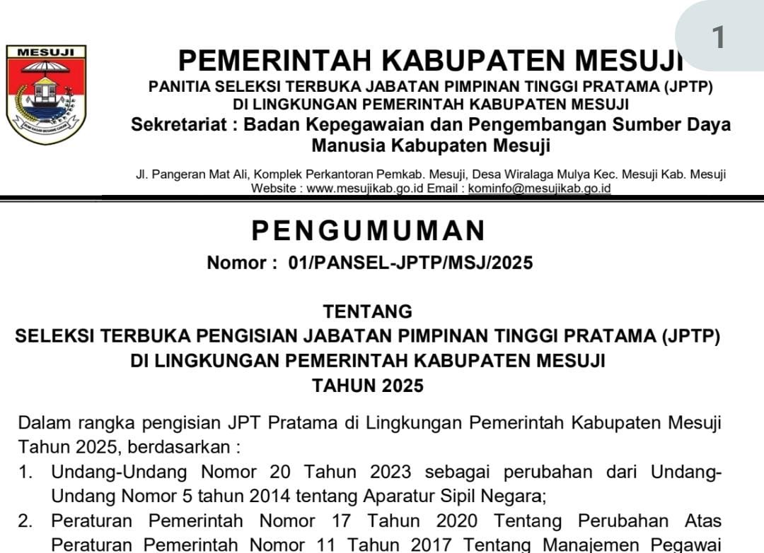 Pemkab Mesuji Buka Seleksi Terbuka Pengisian Jabatan Pimpinan Tinggi Pratama
