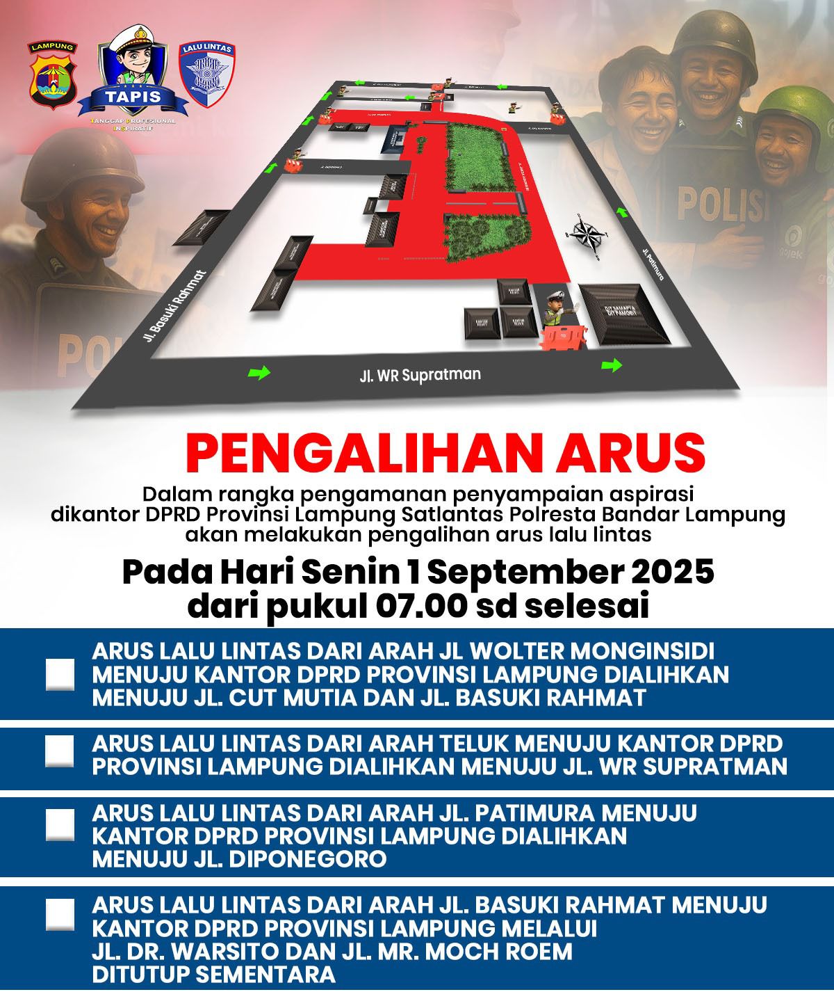 Satlantas Polresta Balam Berlakukan Pengalihan Arus Lalin Selama Aksi Demo