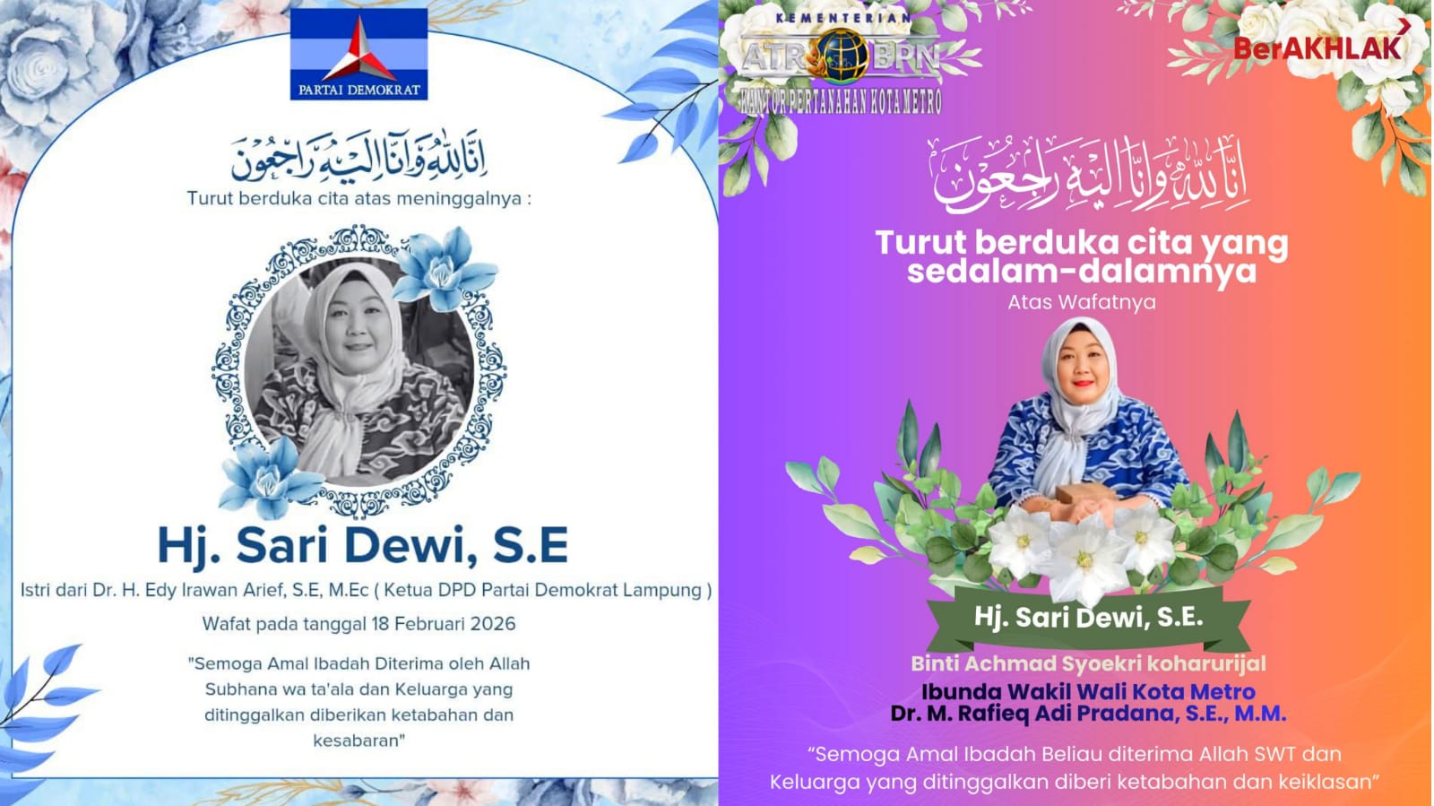 Makngah Sari Dewi, Istri Ketua Demokrat Lampung dan Ibunda Wakil Walikota Metro, Wafat