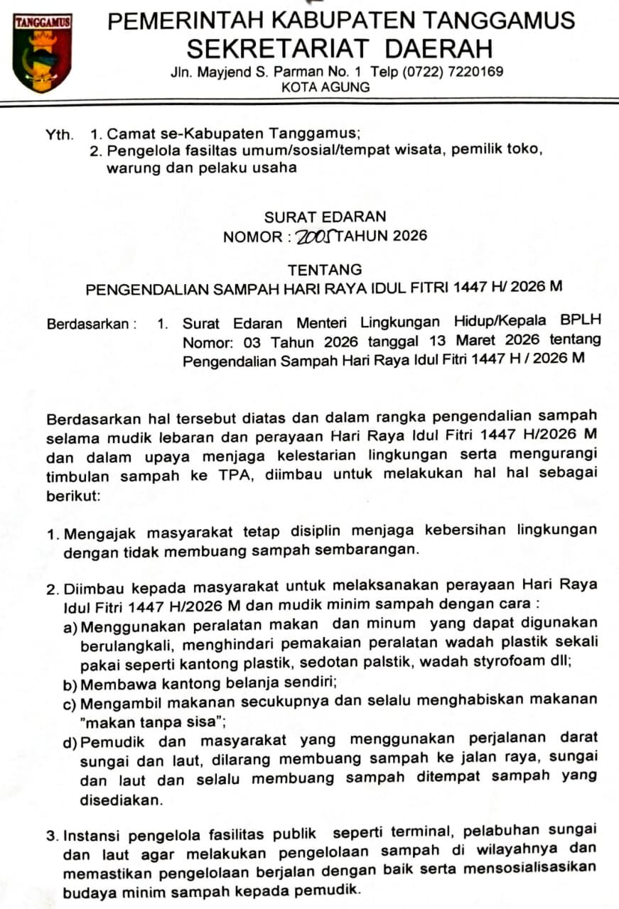 Jelang Lebaran, Pemkab Tanggamus Terbitkan Edaran Pengendalian Sampah, Implementasi Jadi Sorotan