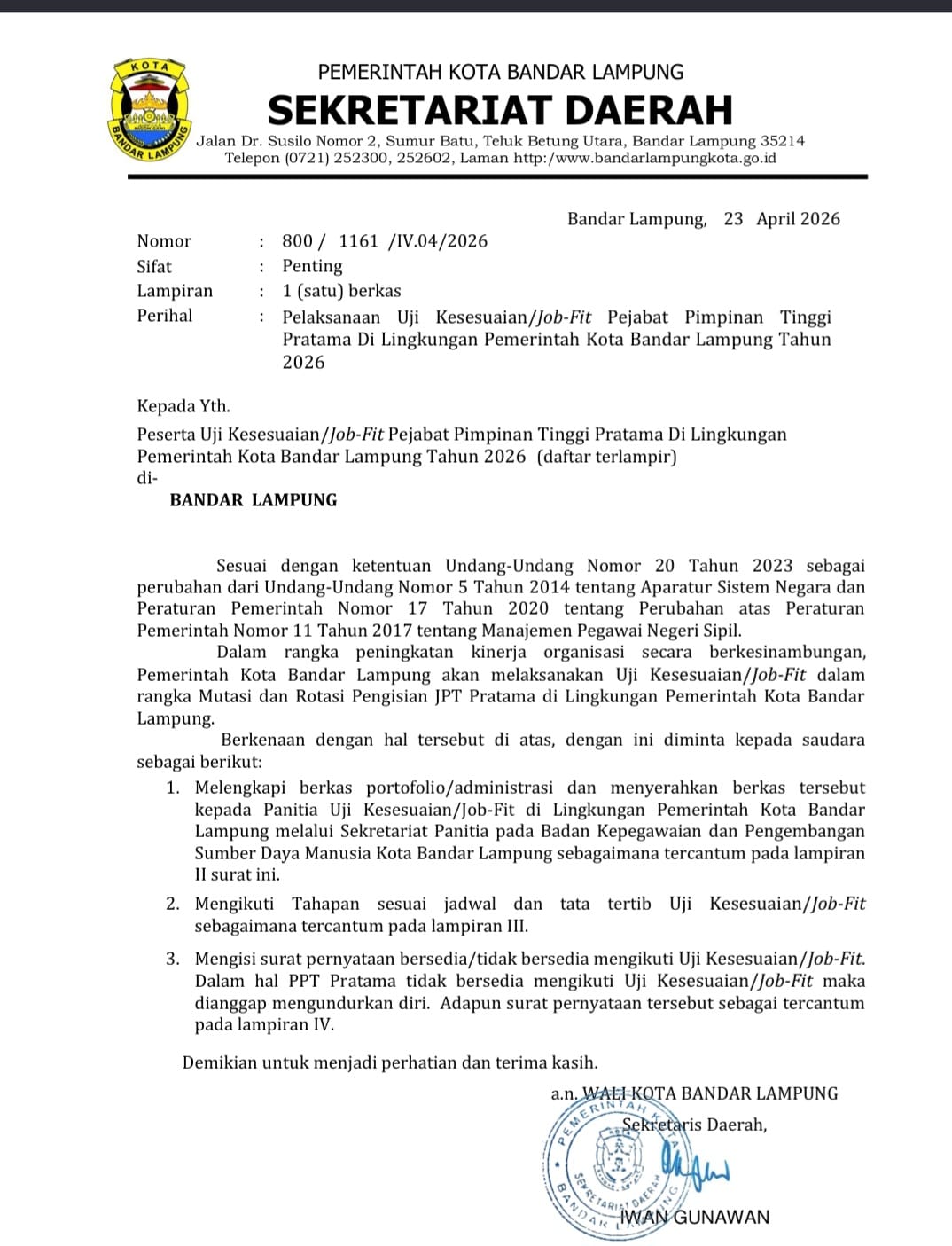 36 Pejabat Eselon II Bandarlampung Ikuti Job-Fit, Tak Bersedia Dianggap Mundur