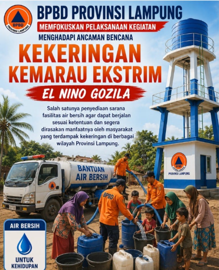 BPBD Lampung Siaga Hadapi El Nino Godzilla, Bantuan Air Bersih Mulai Disiapkan