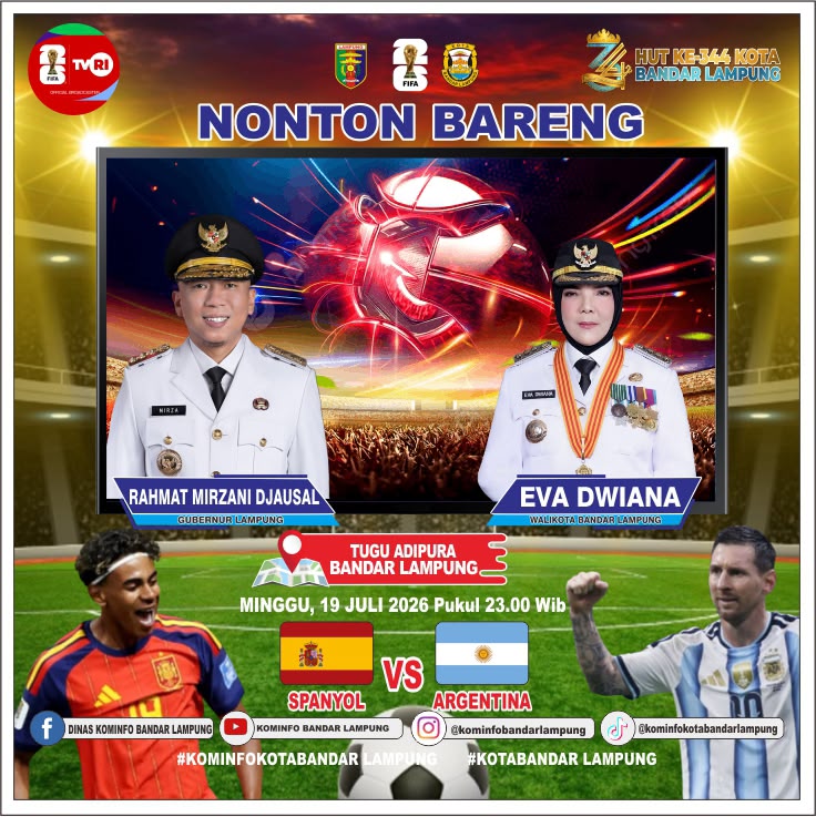 Pemkot Bandarlampung Gelar Nobar Laga Spanyol vs Argentina di Tugu Adipura
