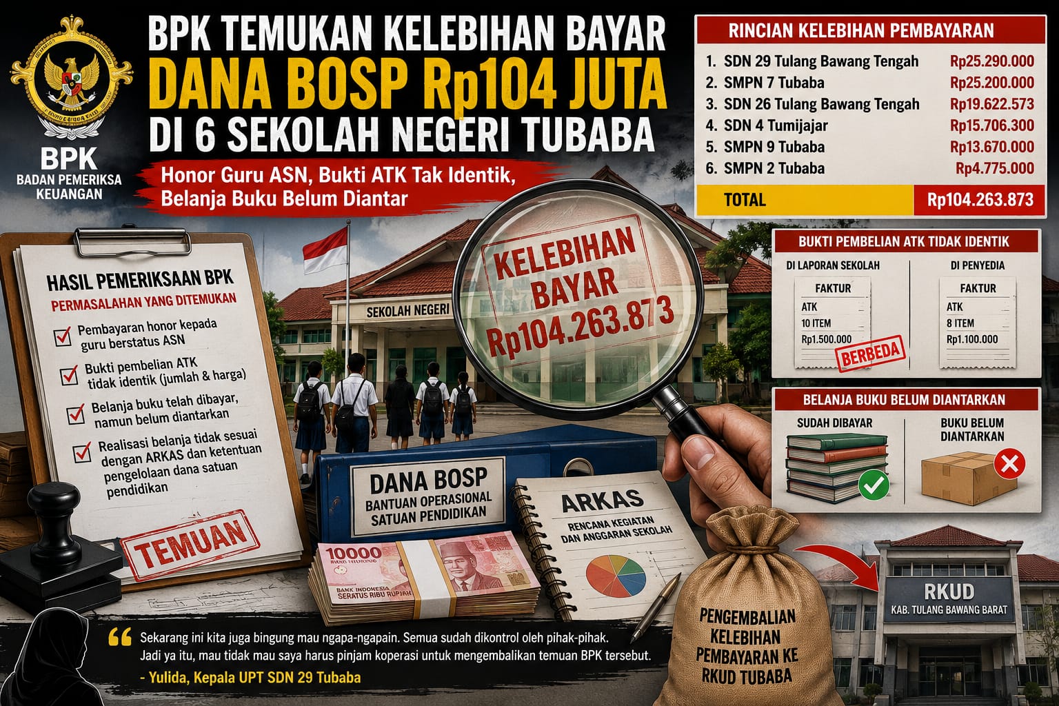 BPK Temukan Kelebihan Pembayaran Dana BOSP Rp104 Juta di Enam Sekolah Tubaba
