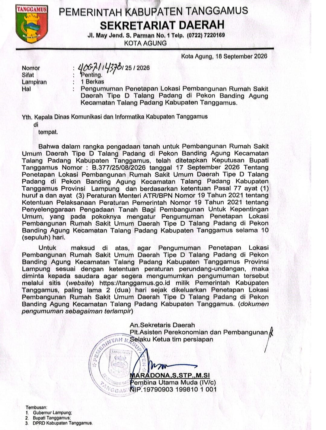 RSUD Tipe D Talang Padang Segera Dibangun, Pemkab Tanggamus Tetapkan 8 Bidang Lahan di Banding Agung